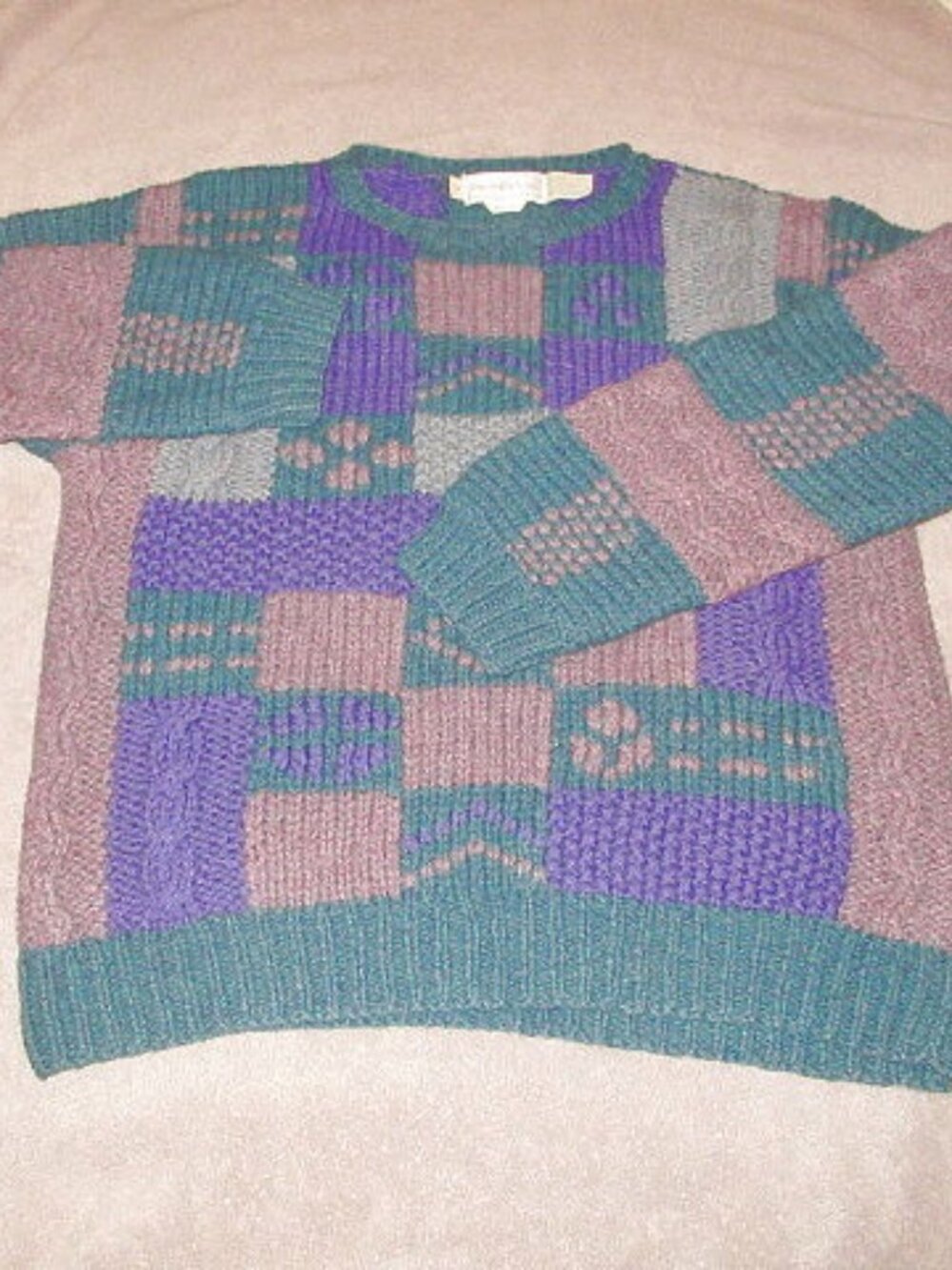 Vtg The Eagle's Eye Patchwork Sweater Size M Shetland Wool Cable Knit 80s Hippie